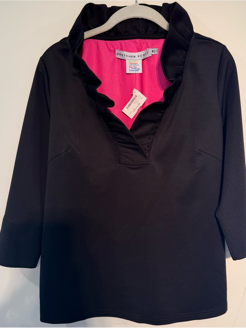 Gretchen Scott Designs Black Top with Pink Lining & Ruffle V-Neck